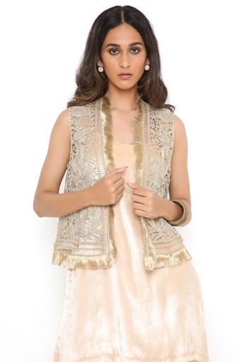 PS-FW563-A  Stone Cutwork Embroidered Jacket With Velvet Kurta And Georgette Sharara