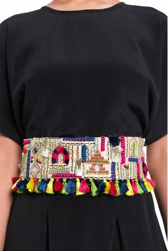 PS-BL011  Stone Dupion Silk Istanbul Embroidered Tie-Up Belt with Colourful Tassels