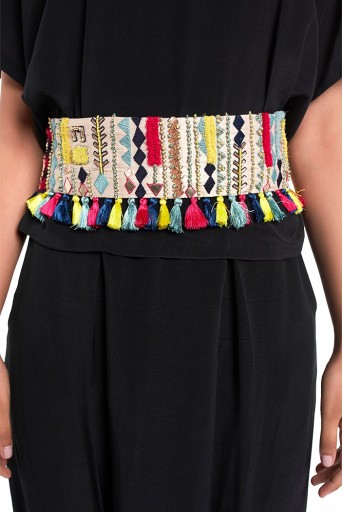 PS-BL009  Stone Dupion Silk Marakesh Embroidered Tie- Up Belt with Colourful Tassels
