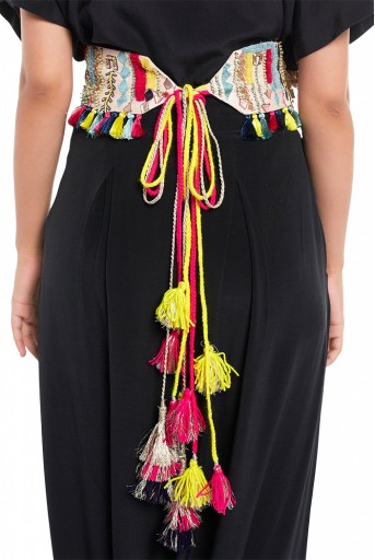 PS-BL009  Stone Dupion Silk Marakesh Embroidered Tie- Up Belt with Colourful Tassels