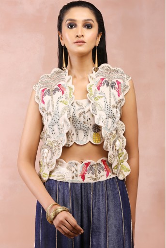 PS-JK0086  Stone Embroidered Jacket And  Bustier With Denim Sharara