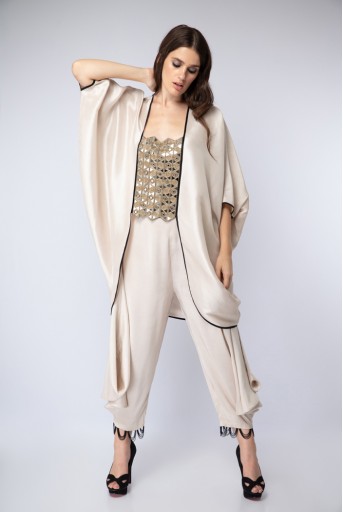PS-ST1199 Stone Embroidered Kaftan with Cowl Calf-Length Pants