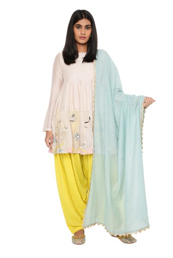PS-KS0016  Stone Embroidered Kurta With Yellow Salwar And Pale Blue Dupatta