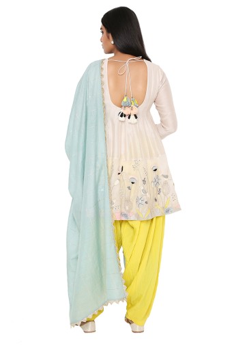 PS-KS0016  Stone Embroidered Kurta With Yellow Salwar And Pale Blue Dupatta