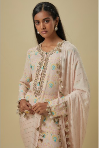 PS-KP0043-F Stone Flower Butta Crepe Embroidered Yoke Kurta With Palazzo And Line Chiffon Dupatta.