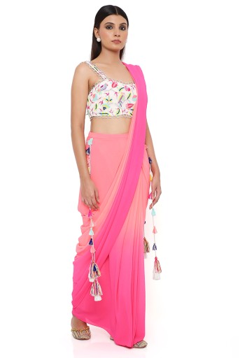 PS-SR0031  Stone Georgette Embroidered Bustier With Coral And Pink Shaded  Georgette Pre-Stiched Saree