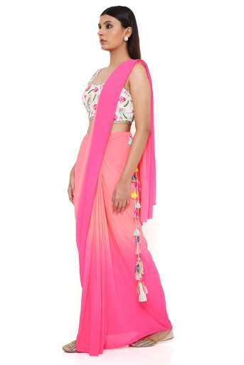 PS-SR0031  Stone Georgette Embroidered Bustier With Coral And Pink Shaded  Georgette Pre-Stiched Saree