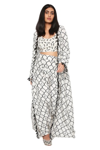 PS-JK0040  Stone Georgette Embroidered Bustier With Stone Print Silk Jacket And Low Crotch Pant