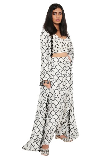 PS-JK0040  Stone Georgette Embroidered Bustier With Stone Print Silk Jacket And Low Crotch Pant