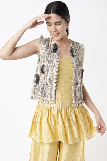 PS-KP0037  Stone Georgette Embroidered Jacket With Yellow Floral Brocade Kurta And Sharara