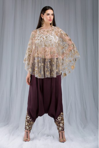 PS-ST0989 Stone Net Cape with Bustier and Purple Silk Low Crotch Pant