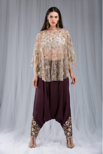 PS-ST0989 Stone Net Cape with Bustier and Purple Silk Low Crotch Pant