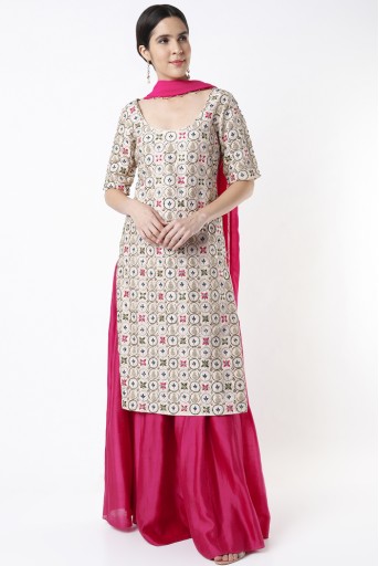 PS-ST1342  Stone Silk Circle Embroidered Kurta With Hot Pink Silkmul Skirt With Hot Pink Georgette Dupatta