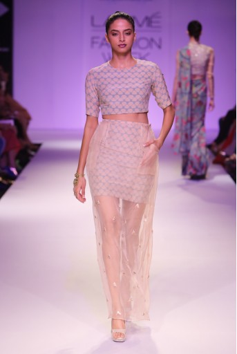 PS-FW264 Suhana Blush and Blue Printed Crepe Crop Top with Printed and Organza Overlay Skirt