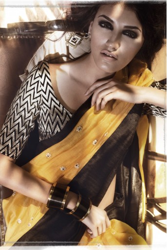 PS-FW184 Suraiya Sunset Yellow Silkmul Saree with Black Velvet Choli