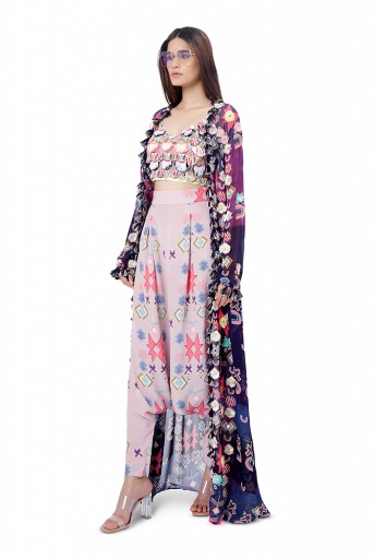 PS-FW742  Tazmeen Purple Printed Art Georgette Duster Jacket with White Crepe Tie-Up Choli and Pink Printed Crepe Low Crotch Pant