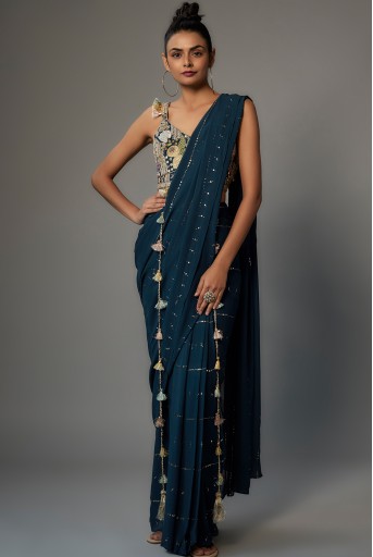 PS-SR0043-F  Teal Blue Embroidered Choli With Pre-Stiched Saree