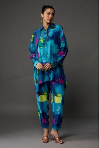 PS-PT0109-D  Teal Painterly Print Crepe Shirt With Jogger Pant