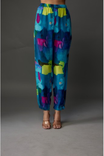 PS-PT0109-D  Teal Painterly Print Crepe Shirt With Jogger Pant
