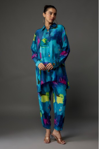 PS-PT0109-D-2  Teal Painterly Print Crepe Shirt With Jogger Pant