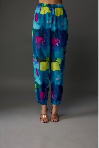 PS-PT0109-D-2  Teal Painterly Print Crepe Shirt With Jogger Pant