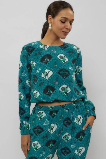 PS-PT0009-U  Teal Printed Crepe Top With Jogger Pant