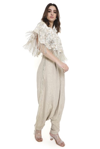 PS-TL0038  Tessa Off White Embroidered Cape And Bustier With Low Crotch Pant