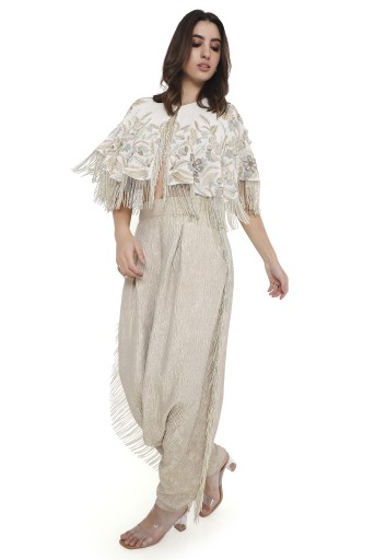 PS-TL0038  Tessa Off White Embroidered Cape And Bustier With Low Crotch Pant