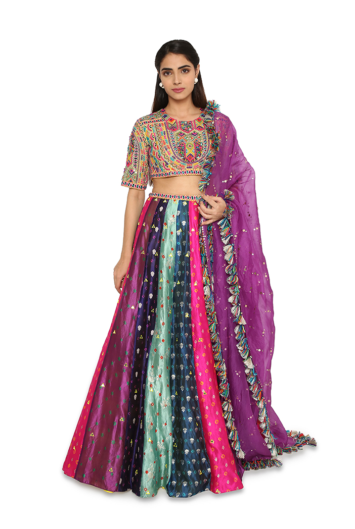 Chrome yellow lehenga set in raw silk with contrast purple brocade dupatta  | Yellow lehenga, Raw silk, Indian wedding outfits