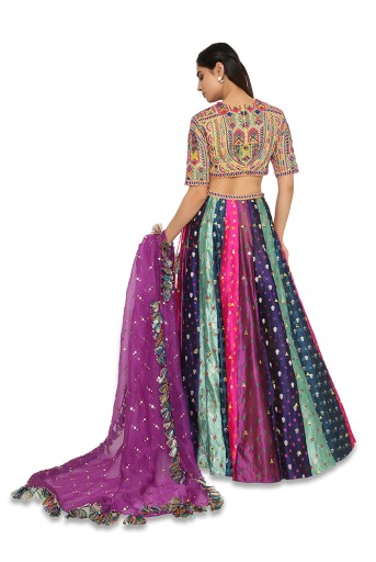 PS-LH0075  Tiana Yellow Colour Embroidered Choli With Multi Colour Bandhani Lehenga With Purple Mukaish Organza Dupatta With Tassels