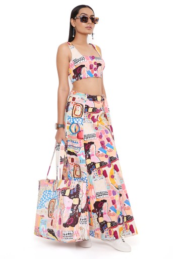PS-CS0040  Trance Print Denim Top And Skirt With Belt