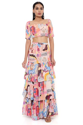 PS-CS0033-C  Trance Print Georgette Embroidered Top With Front Slit Layered Skirt