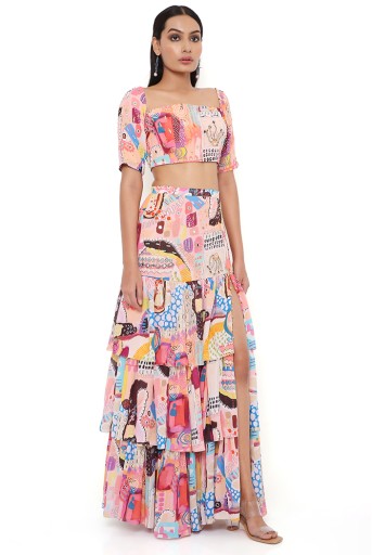 PS-CS0033-C  Trance Print Georgette Embroidered Top With Front Slit Layered Skirt