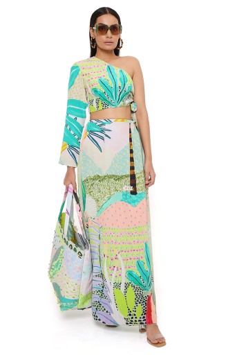 PS-CS0036-A  Tropical Print Crepe One Shoulder Side Tie-Up Choli With Skirt