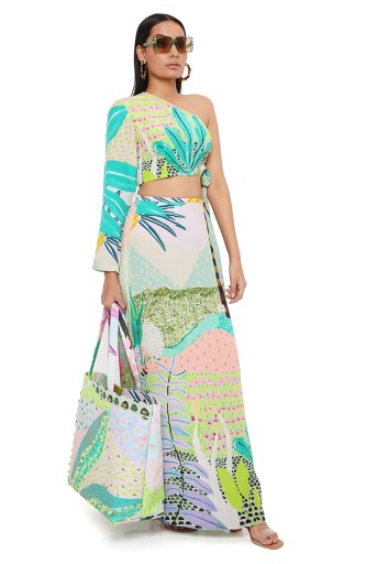 PS-CS0036-A  Tropical Print Crepe One Shoulder Side Tie-Up Choli With Skirt