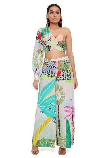 PS-PT0036-G  Tropical Print Crepe One Shoulder Top With Palazzo