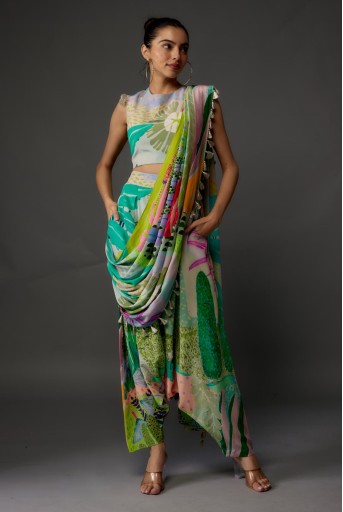 PS-TL0034  Tropical Print Crepe Top & Low-Crotch Pants With Attached Drape