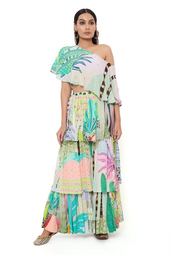 PS-CS0042  Tropical Print Georgette Embrodiered One Shoulder Cape With A Bustier And Frill Sharara