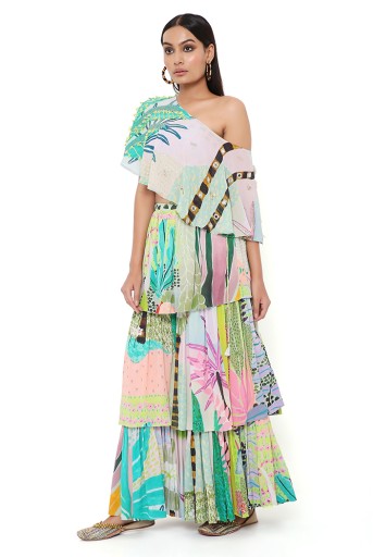 PS-CS0042  Tropical Print Georgette Embrodiered One Shoulder Cape With A Bustier And Frill Sharara