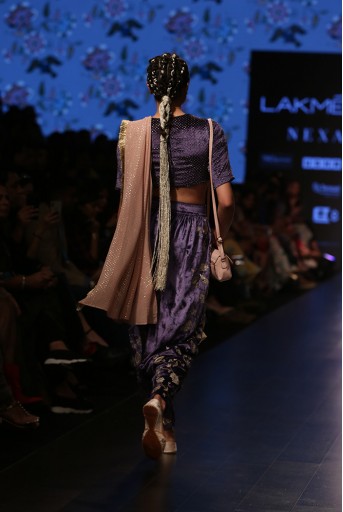 PS-FW561 Umida Midnight Blue Velvet Choli and Low Crotch Pant with attached Mukaish Georgette Drape