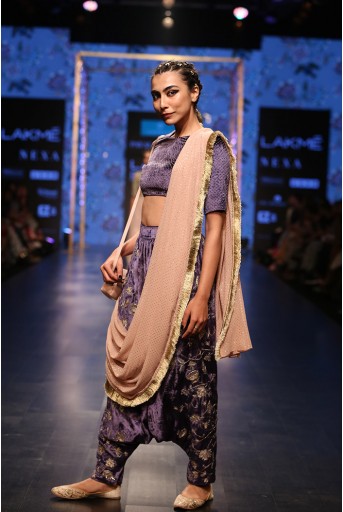 PS-FW561 Umida Midnight Blue Velvet Choli and Low Crotch Pant with attached Mukaish Georgette Drape