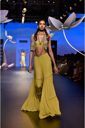PS-FW535 Verda Stone Organza Jacket with Lime Green Georgette Bustier and Sharara Pant