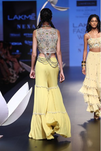 PS-FW535 Verda Stone Organza Jacket with Lime Green Georgette Bustier and Sharara Pant