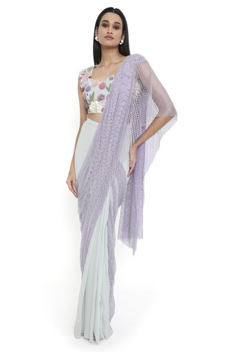PS-SR0060-B  Verona Sea Foam Embroidered Choli And Saree With Purple Mesh Pallu