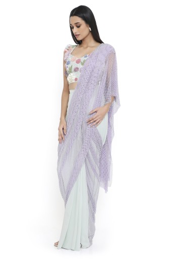 PS-SR0060-B  Verona Sea Foam Embroidered Choli And Saree With Purple Mesh Pallu