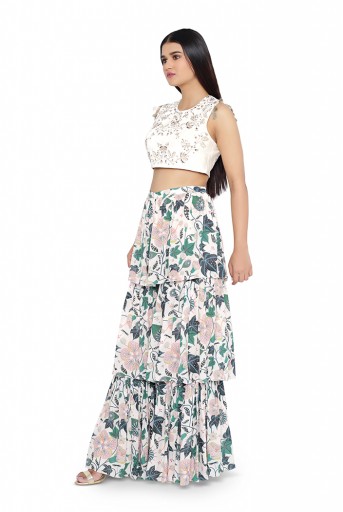 PS-FW613-M  White Color Velvet Embroidered Choli with White Printed Layered Sharara Pants