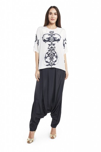 PS-FW420-NNN  White Colour Printed Art Crepe Top with Black Colour Art Crepe Low Crotch Pant