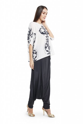 PS-FW420-NNN  White Colour Printed Art Crepe Top with Black Colour Art Crepe Low Crotch Pant