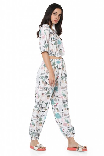 PS-PT0025  White Colour Printed Art Crepe Top with Jogger Pant