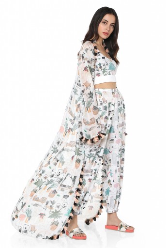 PS-FW712-D  White Colour Printed Art Georgette Duster Jacket with Art crepe Bustier and Jogger Pant